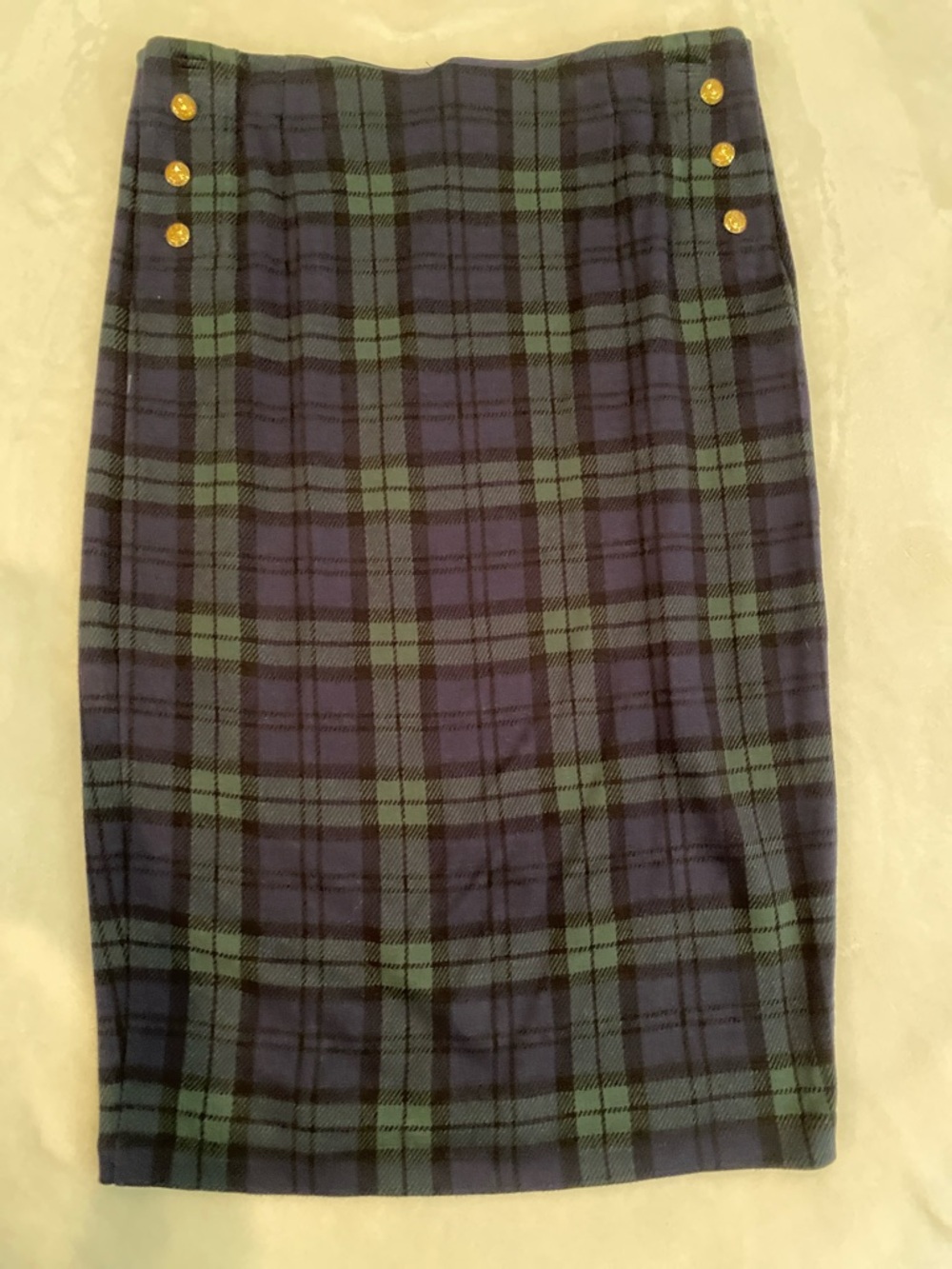 Ralph Lauren Navy and Green Plaid Pencil Skirt with Gold Buttons